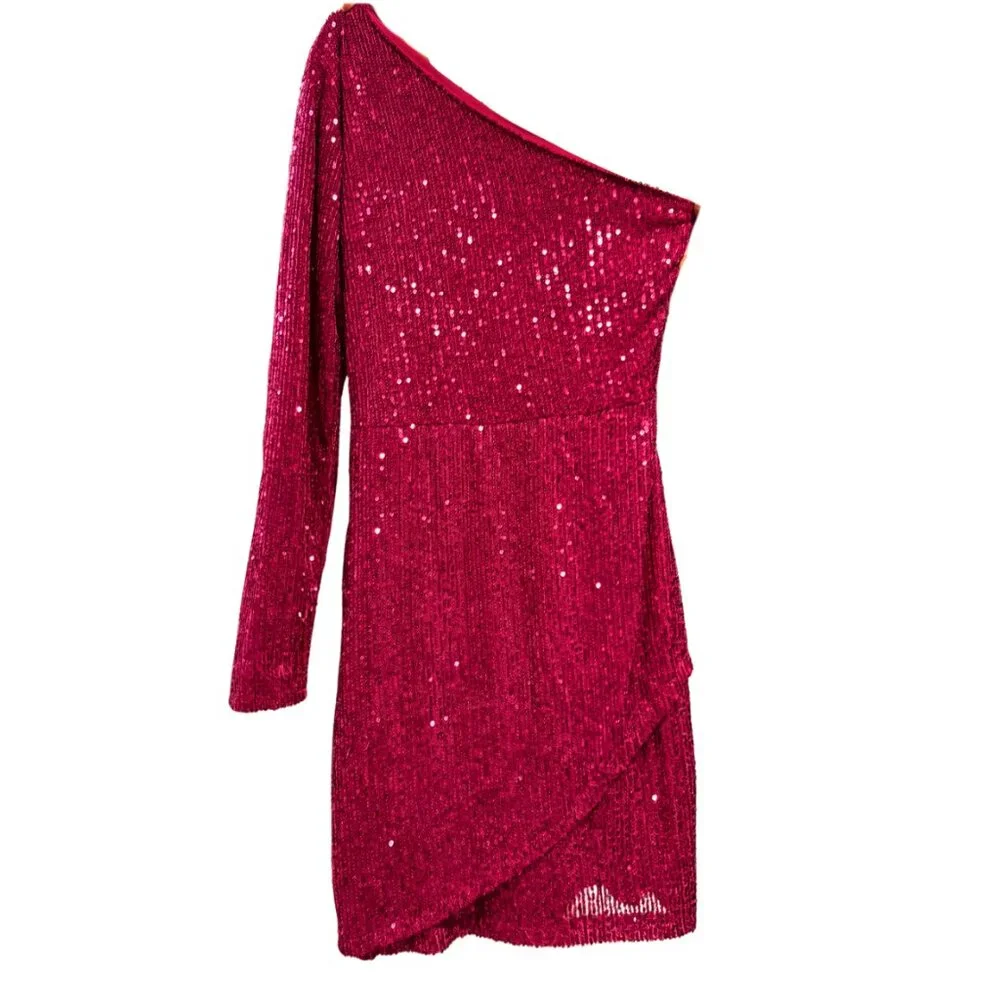 AQUA Pink Sequin One-Shoulder Mini Dress, Size M, New with Tag - Picture 3 of 4